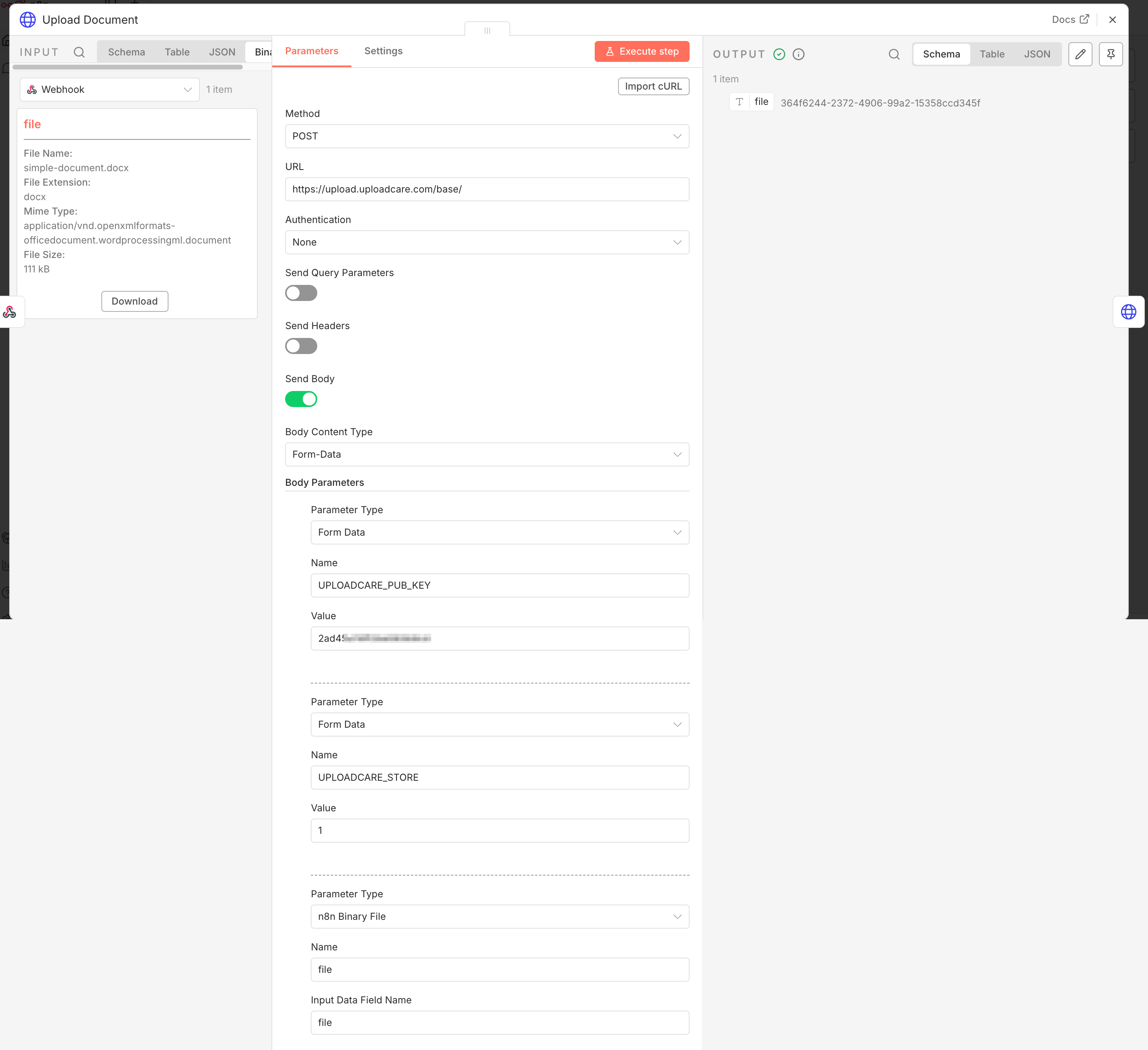 n8n HTTP Request node configured for the Uploadcare upload