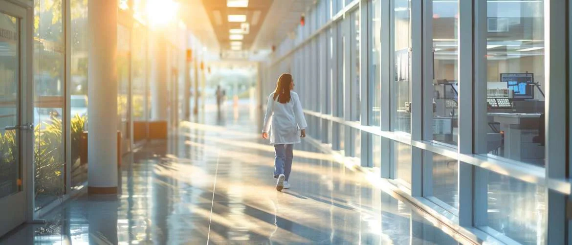 Nurse walking through the sunlit hallway of LA BioMed Research Building