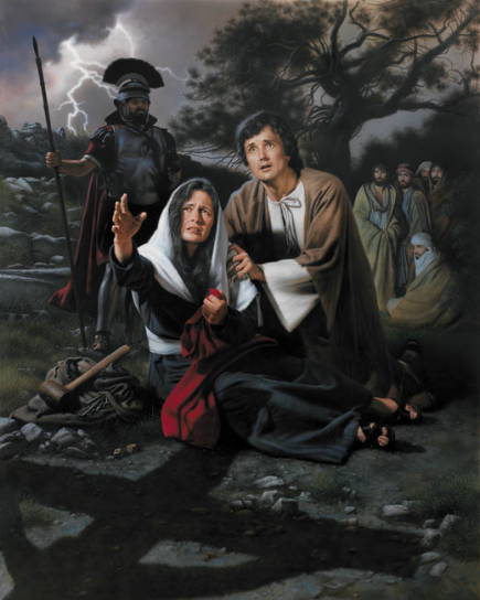 Mary and the apostles mourning in the shadow of the cross.