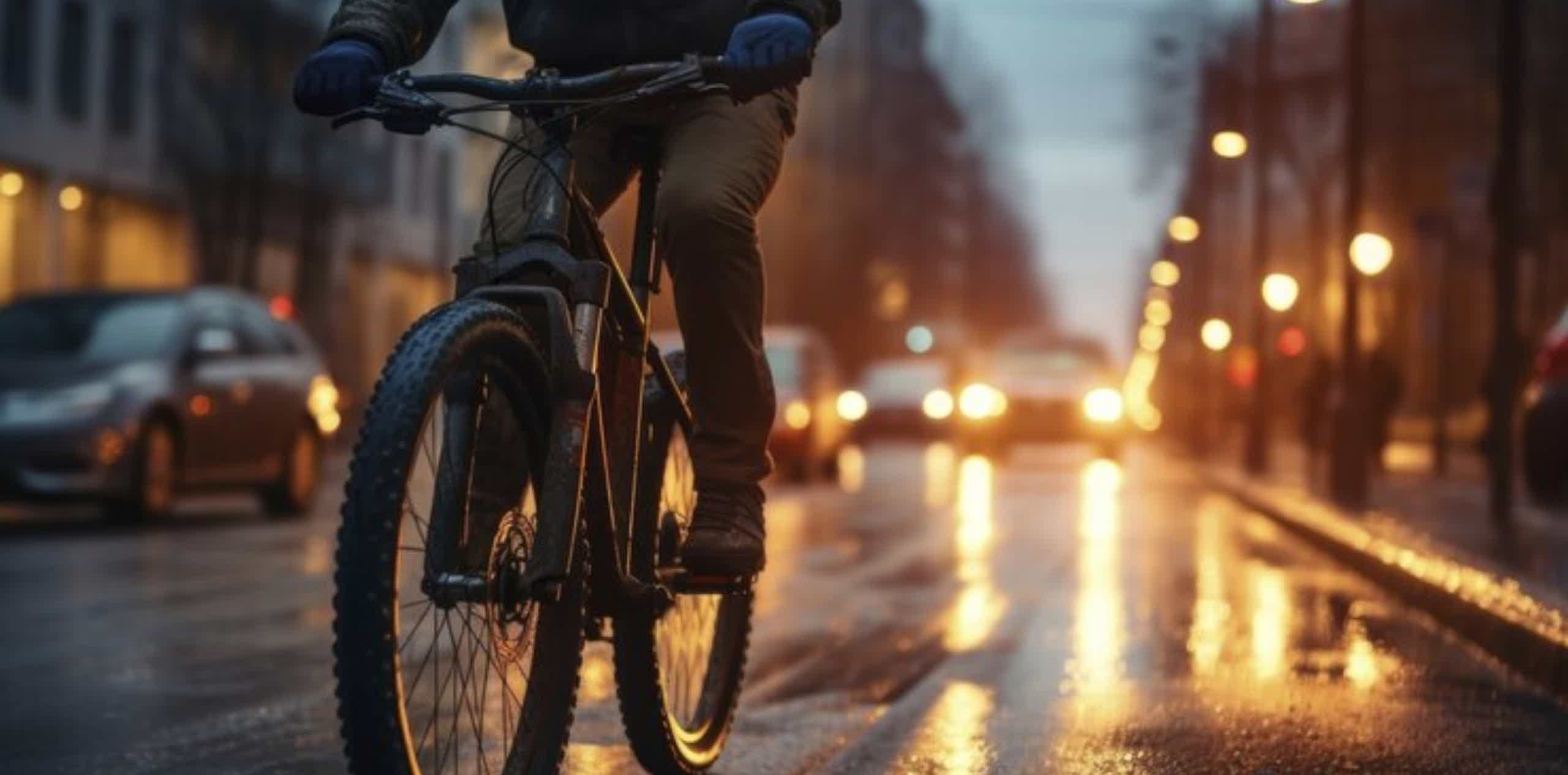 Imagen de recurso de una persona rodando con una bicicleta eléctrica tras haber llovido.