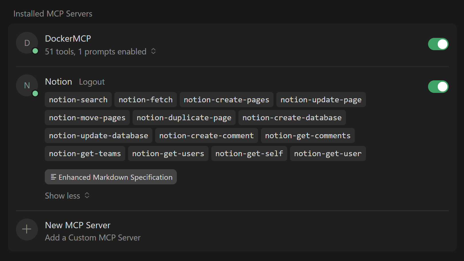 Configured and connected MCP servers in Cursor settings.