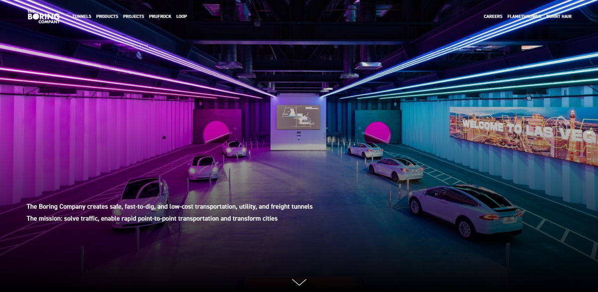Screenshot of The Boring Company, from the startup websites collection.