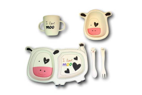 Two Bamboozle brand cow shaped children's plates, a double handled mug that reads "I love Moo," a spoon, and a fork