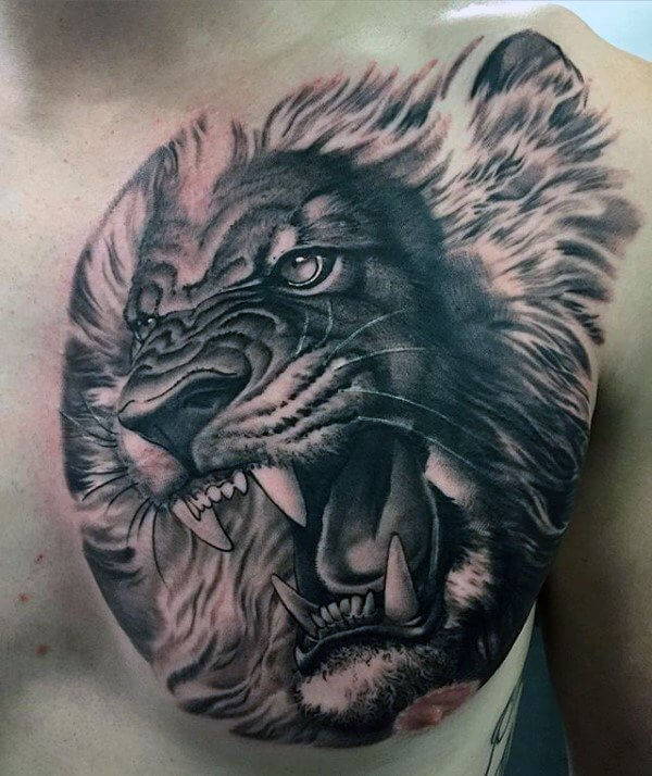 Tatouage Lion Rugissant Pectoraux