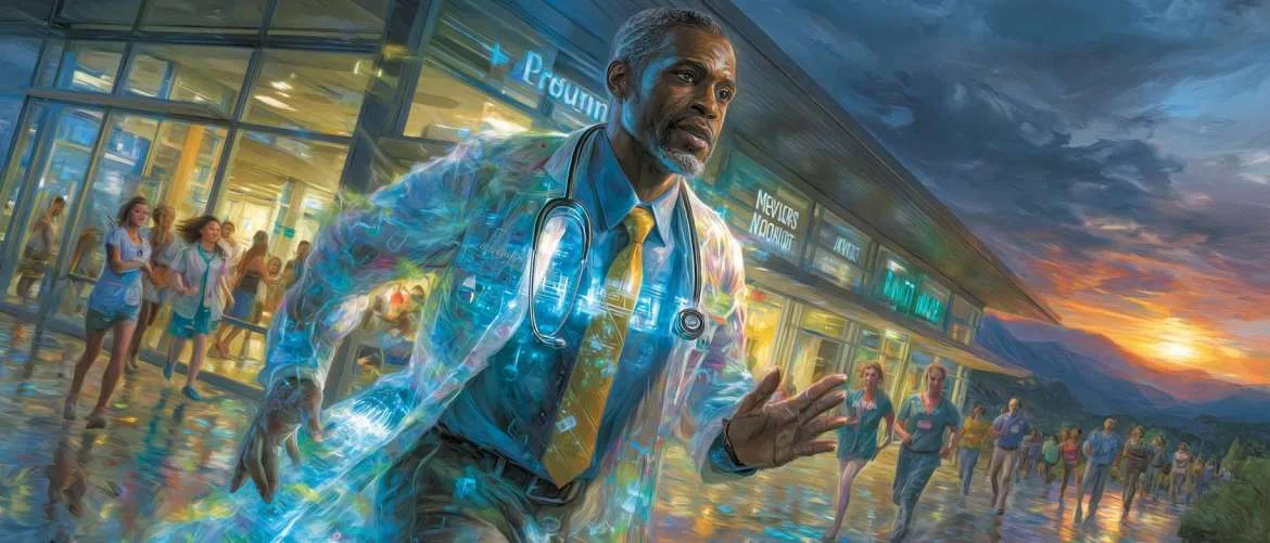 Healthcare professionals in motion across a glowing futuristic hospital setting