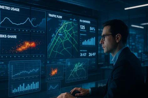 A professional man in a suit analyzes urban transportation data on a large display, including metro usage graphs, bike-share heatmaps, and traffic flow maps.