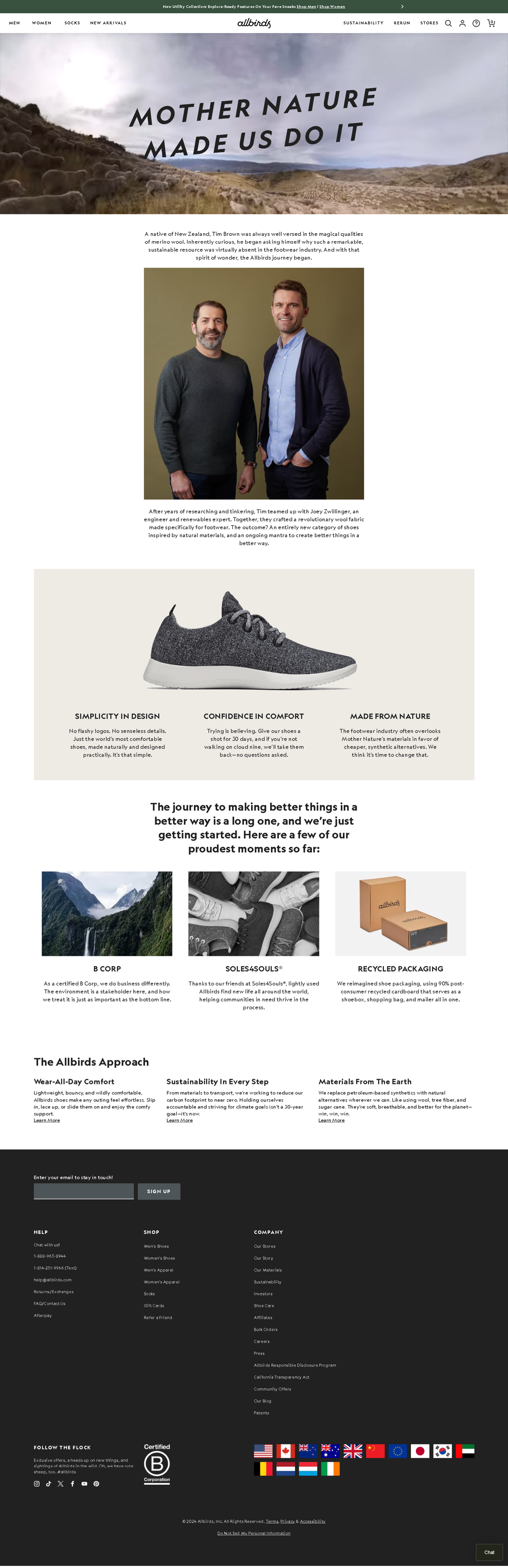 Screenshot of Allbirds, from the about us page examples collection.