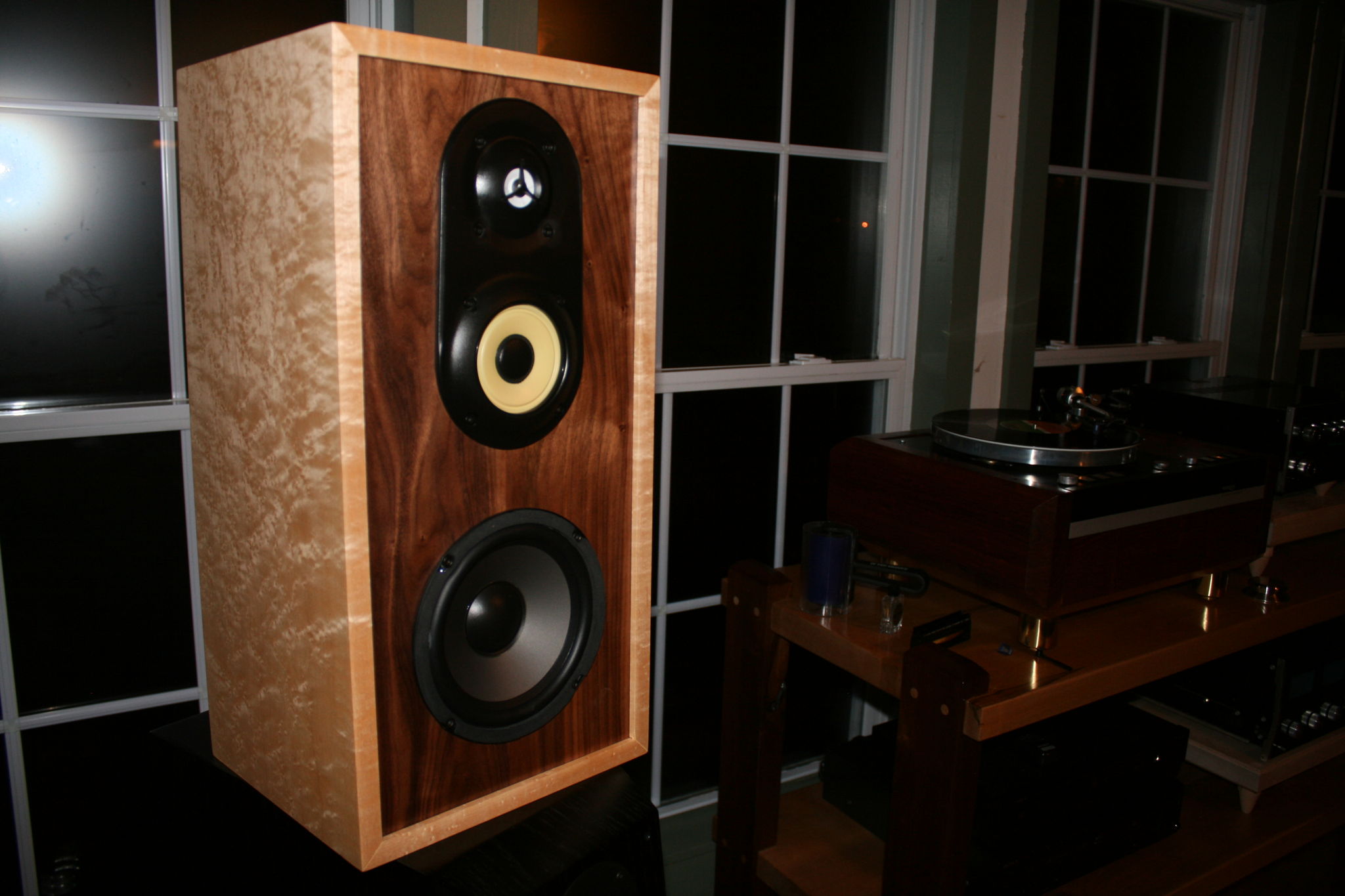 Speakers i made my daughter and grand daughter for Christmas, birdseye maple and walnut