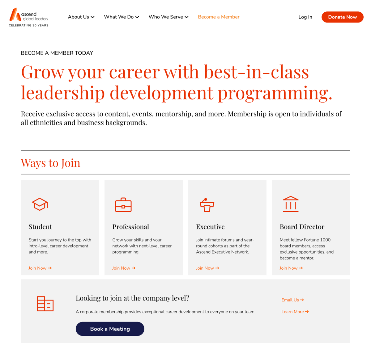Screenshot of Ascend Leadership, from the squarespace membership websites collection.