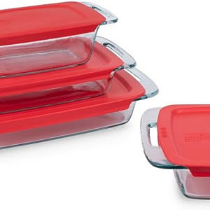 Pyrex Easy Grab 4-Pack Glass Baking Dish Set (1.5QT, 2QT, 3QT, 8"x8") with BPA-Free Lids, Rectangular Bakeware Set, Dishwasher, Microwave, Freezer & Pre-Heated Oven Safe