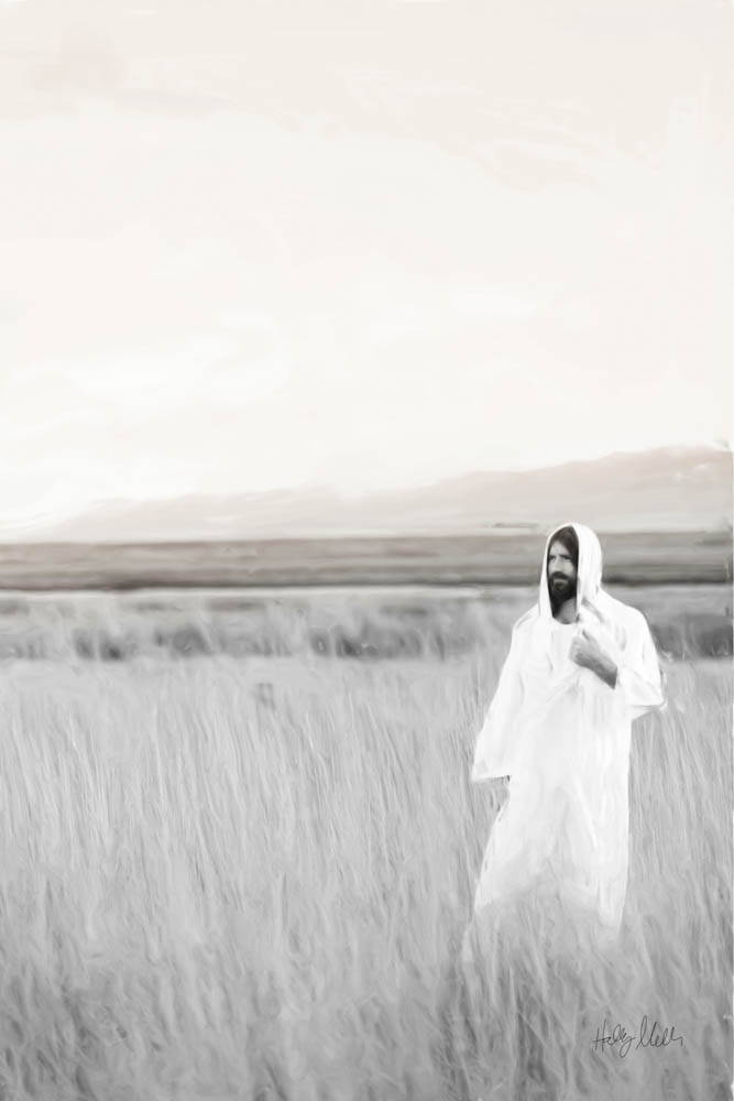 Black and white image of Jesus standing in a field.