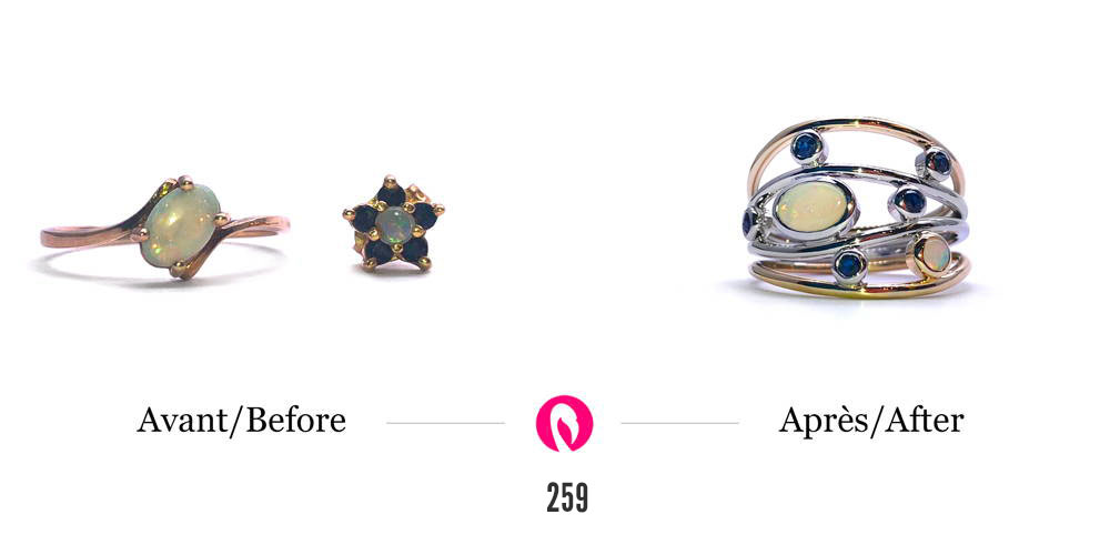 Transformation d'une bague avec opale et boucles d'oreilles opale et saphir en une bague la nuit étoilée avec les mêmes pierres