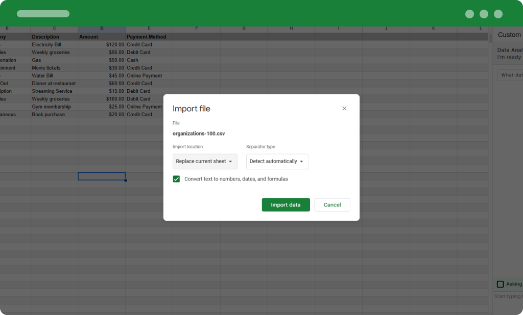 Import your CSV instead of 'My Data' sheet