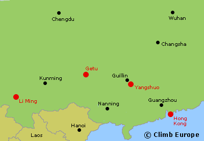 Map of the main rock climbing areas in China