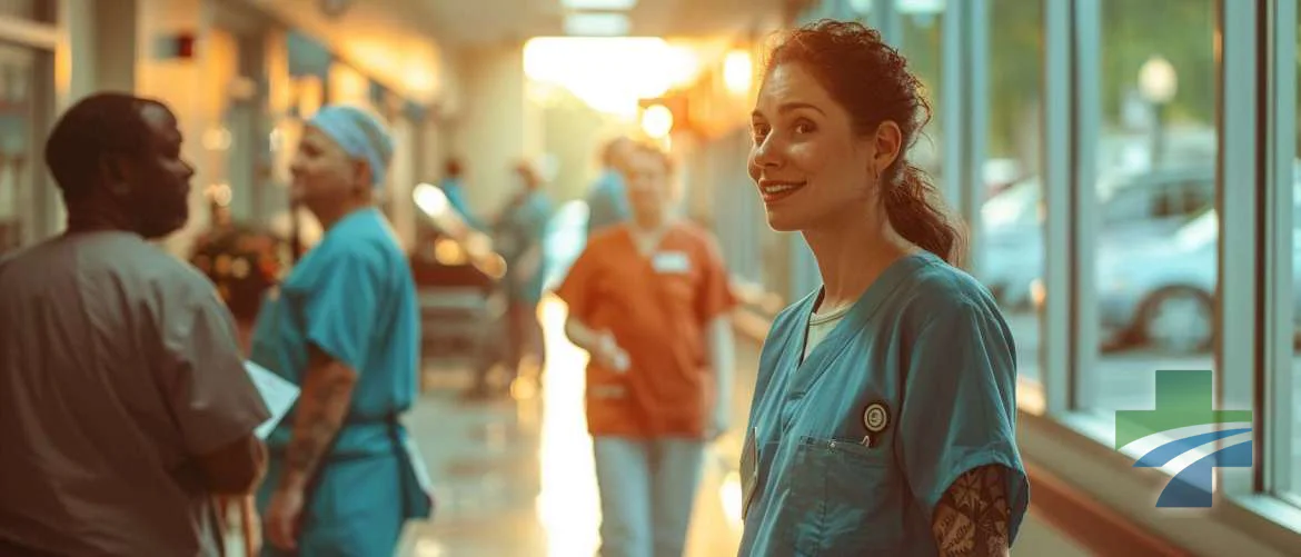Healthcare workers with tattoos and colorful scrubs warmly interacting with patients.