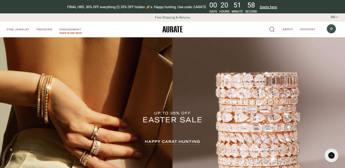Screenshot of Aurate, from the shopify jewelry stores collection.