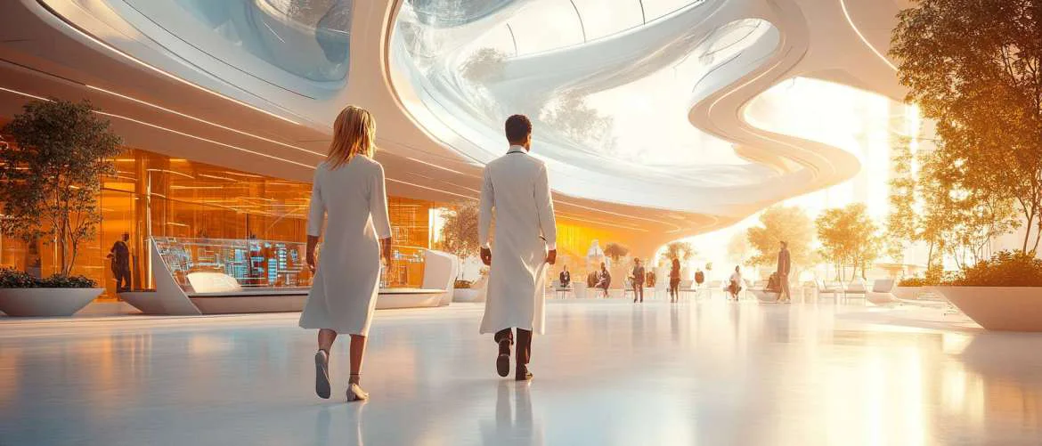 Diverse healthcare professionals in a futuristic, warmly lit hospital lobby dynamically engaging.