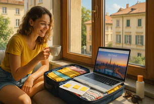 Smiling woman by window sips coffee, browsing "Visit Dubai" on laptop next to open suitcase packed with clothes, sunglasses, and sunscreen.