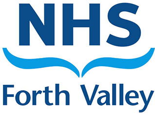 NHS Forth Valley logo with NHS in bold blue letters above two blue curved lines and Forth Valley written underneath in blue.
