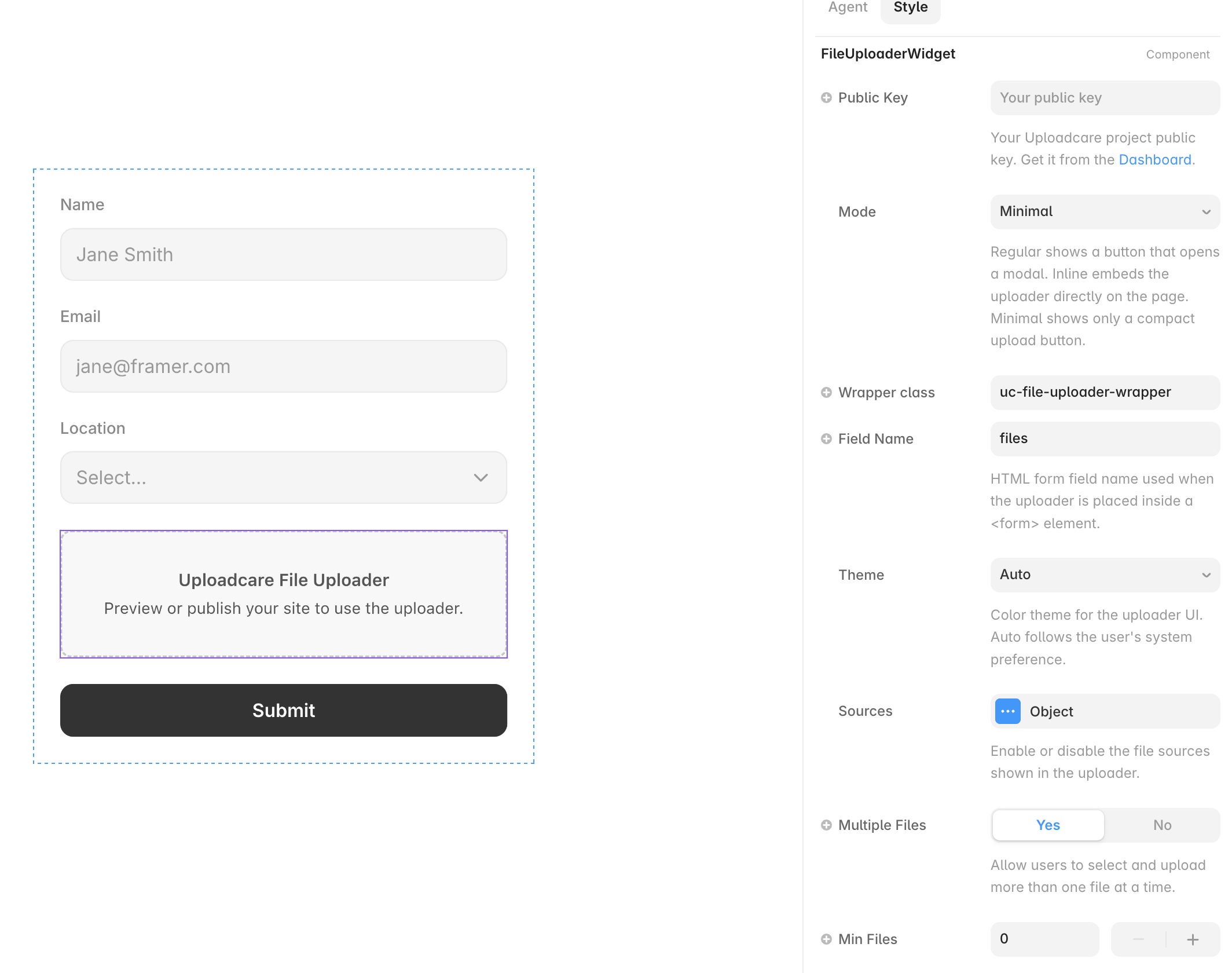 Uploadcare File Uploader configuration options in Framer