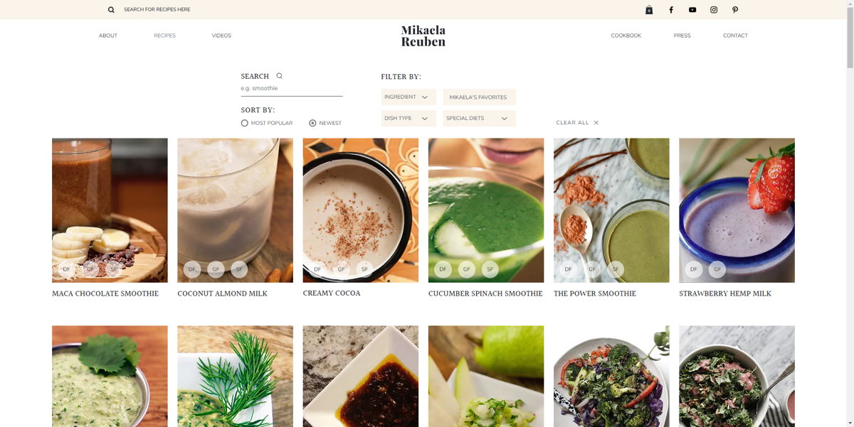 Screenshot of Recipes | Mikaela Reuben, from the blog design examples collection.