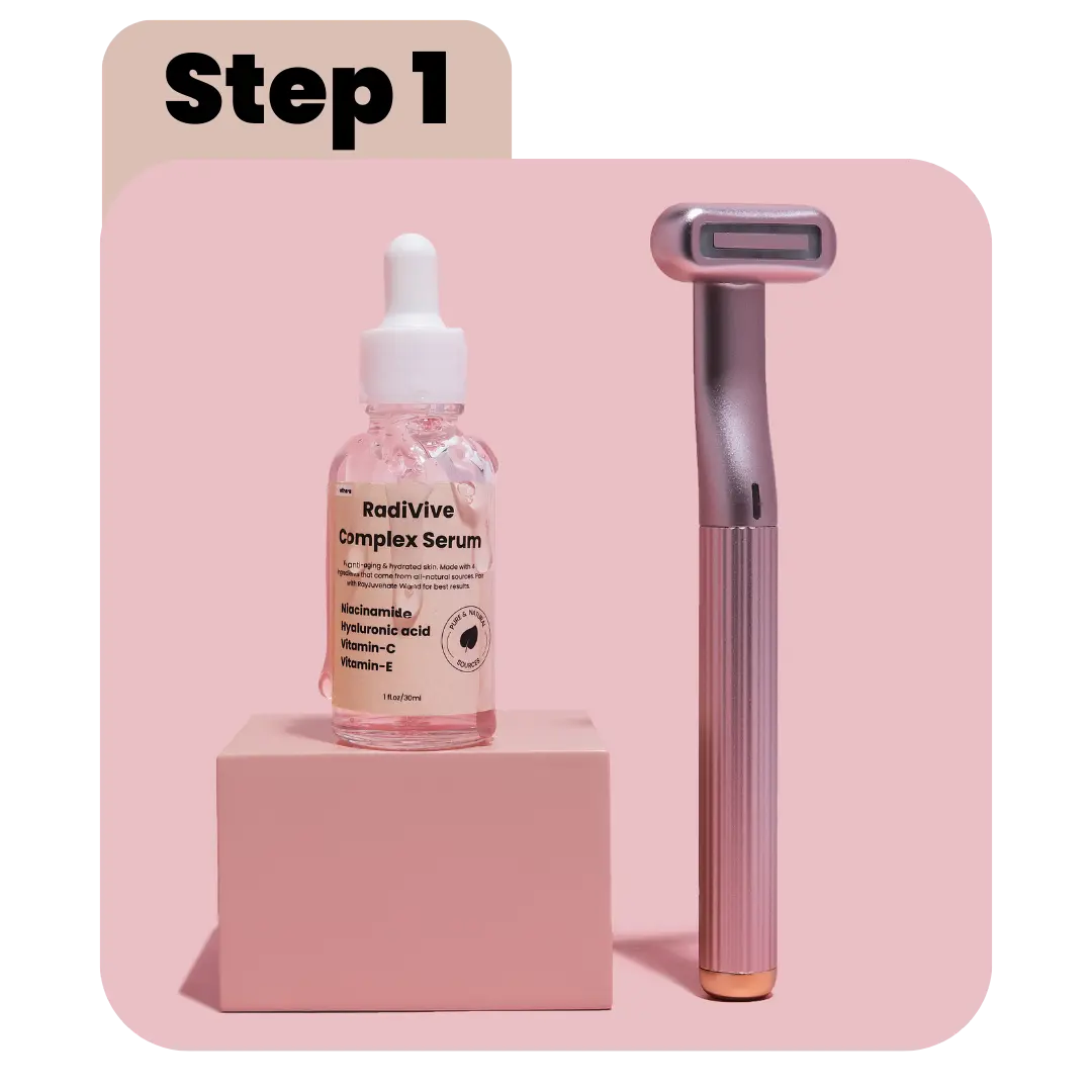 How to use the RayJuvenate Wand step 1 - apply a few drops of serum to enhance the results and enable RayJuvenate to glide easily.