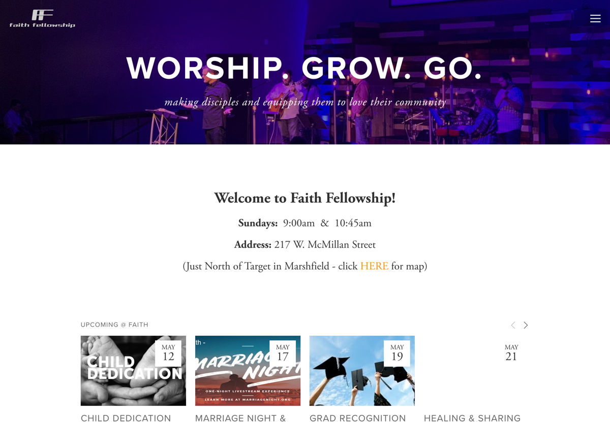 Screenshot of Faith Fellowship, from the squarespace church websites collection.