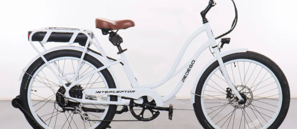 a white Pedego Interceptor step through electric city bike