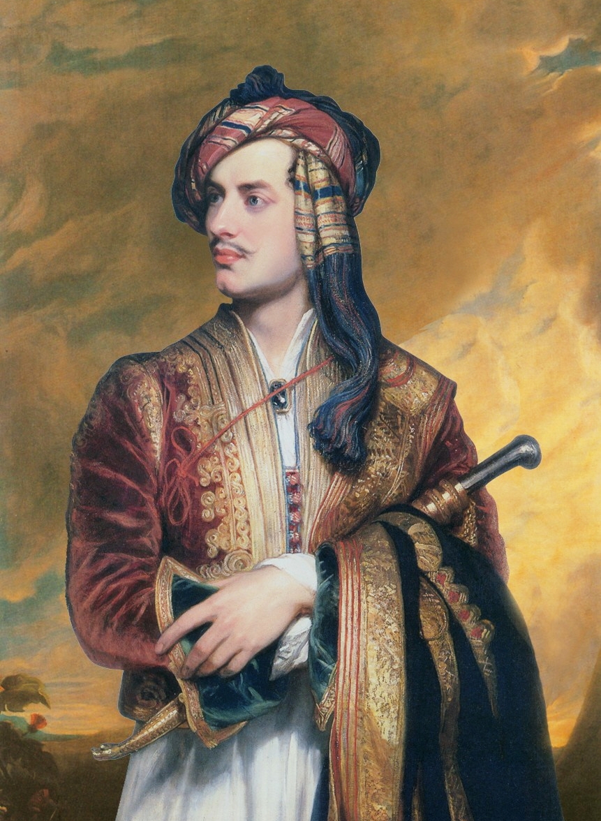 Painting of Lord Byron holding a sword and dressed from the time period in robes looking confidently ahead.