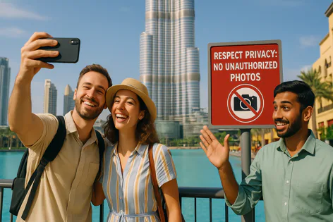 Three smiling tourists take a selfie near a sign in Dubai that reads "Respect Privacy: No Unauthorized Photos", with the Burj Khalifa towering behind them.