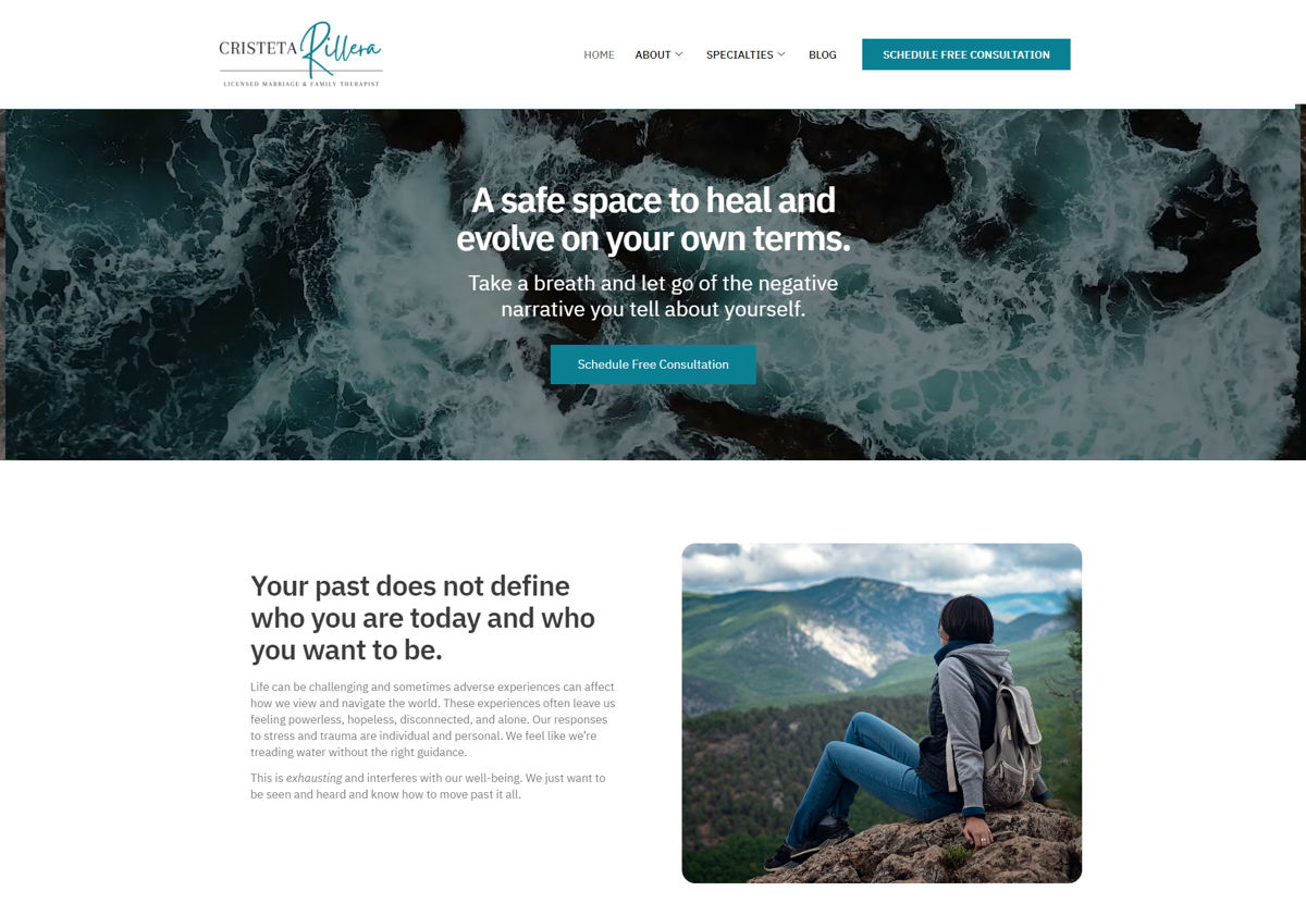 Screenshot of Cristeta Rillera, LMFT, from the therapist websites collection.
