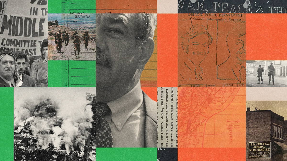 Collage of a mans face with orange green black and white images.