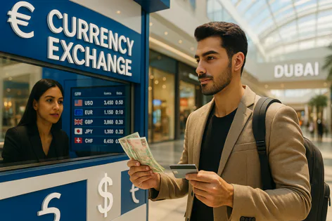 Man exchanging money and holding a credit card at a currency exchange booth in Dubai. A female teller is visible behind the counter showing rates.
