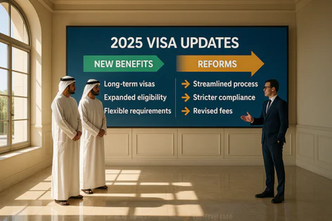 Three men are in a room with a large screen displaying 2025 Visa Updates, detailing new benefits and reforms.