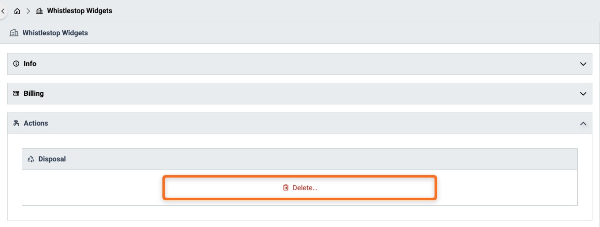 Delete button in the Disposal section of the Organization Actions panel