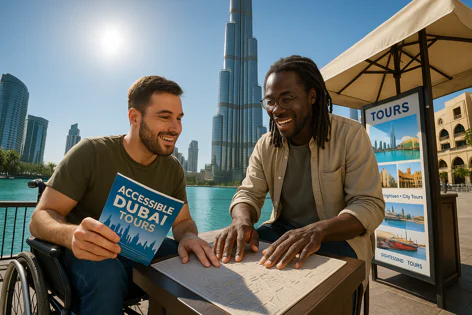 A man in a wheelchair and a companion smiling while looking at a tactile map of Dubai. The Burj Khalifa is in the background. He holds an "Accessible Dubai Tours" brochure.