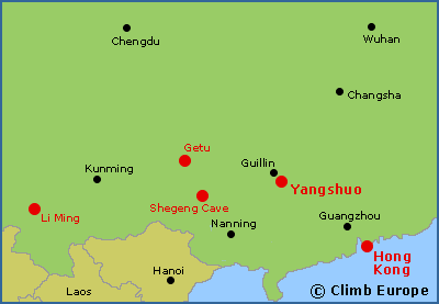 Map of the main rock climbing areas in China