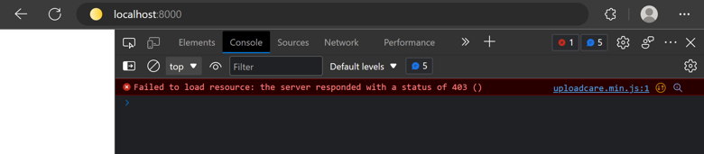 Browser window without file uploader and with an error in console saying that uploadcare.min.js can not be loaded due to 403 error