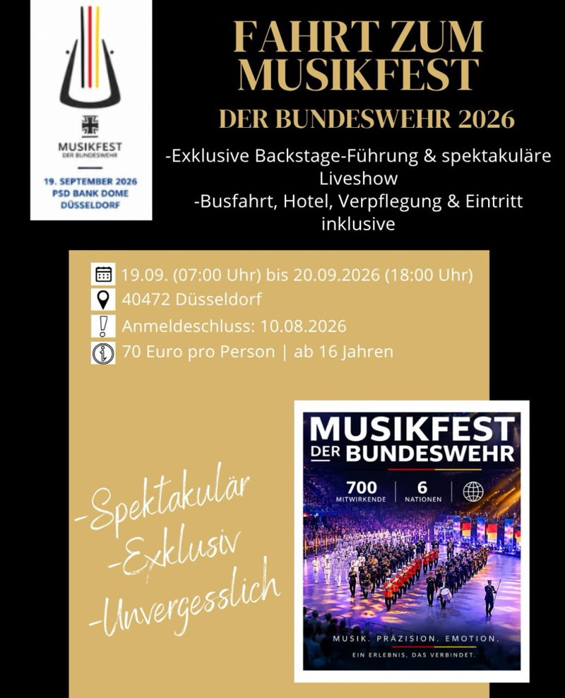 🎺 Mit dem MON zum Musikfest der Bundeswehr 2026!

Du bist mindestens 16 Jahre alt, begeisterst dich für Blasmusik und möchtest eines der spektakulärsten Musikevents Deutschlands hautnah erleben? Dann komm mit uns nach Düsseldorf! 🇩🇪

Freut euch auf e