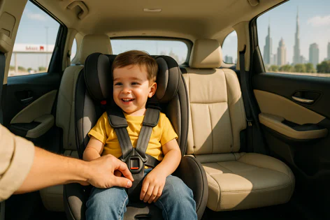 Smiling young child safely secured in a car seat in the back of a car, with an adult's hand nearby. The city skyline is visible in the background.