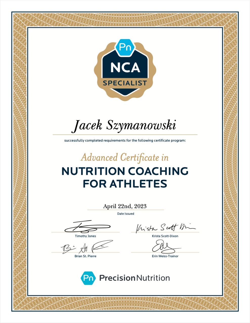 Jacek Szymanowski advanced certificate in nutrition coaching for athletes