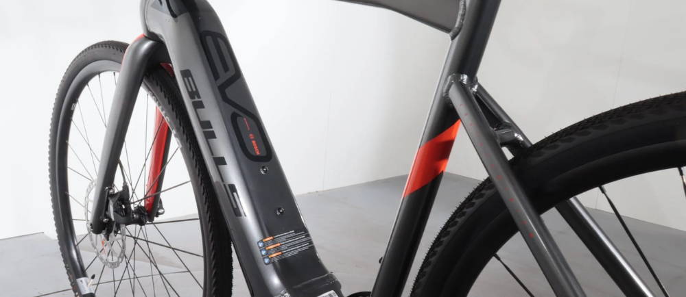 looking up the frame of a Bulls Desert Falcon Evo electric road bike