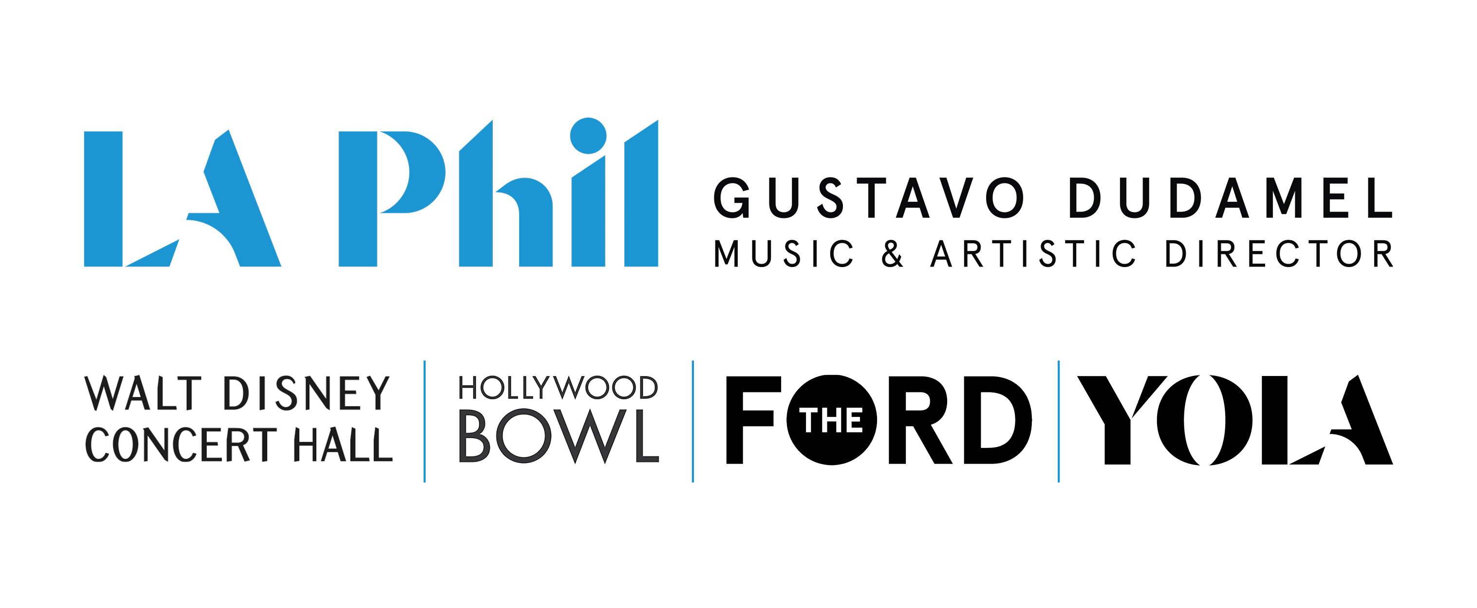 Logos of the LA Phil, Walt Disney Concert Hall, Hollywood Bowl, The Ford, and YOLA