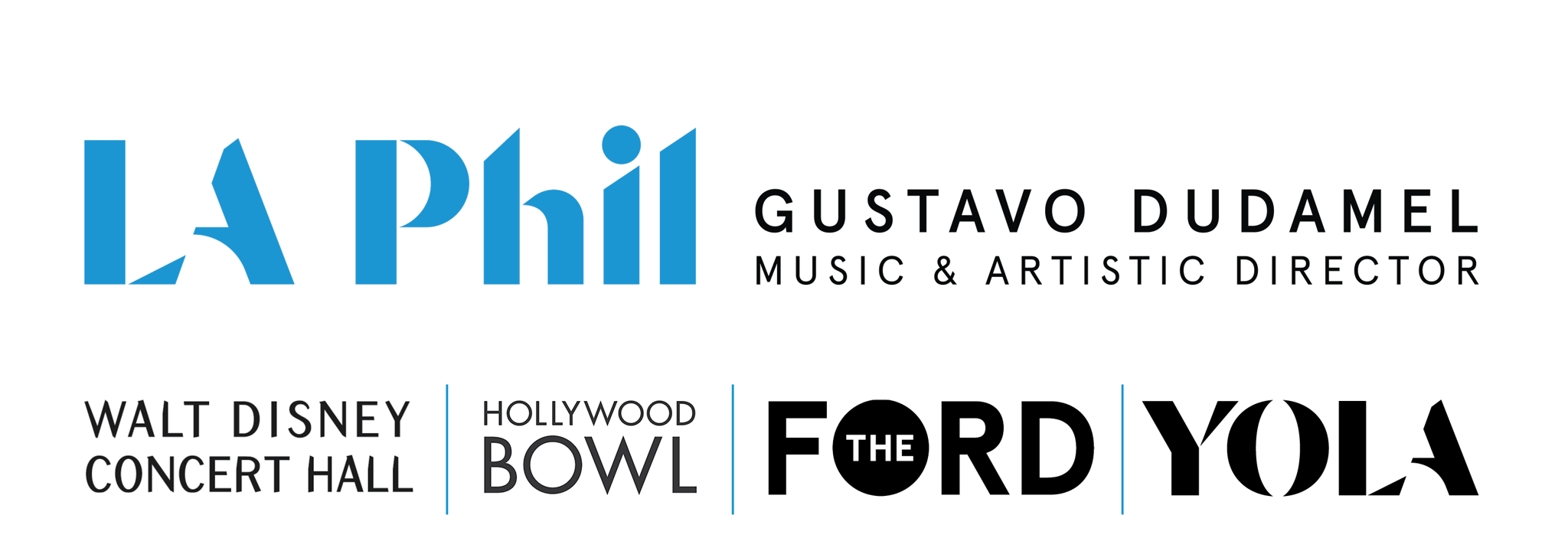 Logos of the LA Phil, Walt Disney Concert Hall, Hollywood Bowl, The Ford, and YOLA