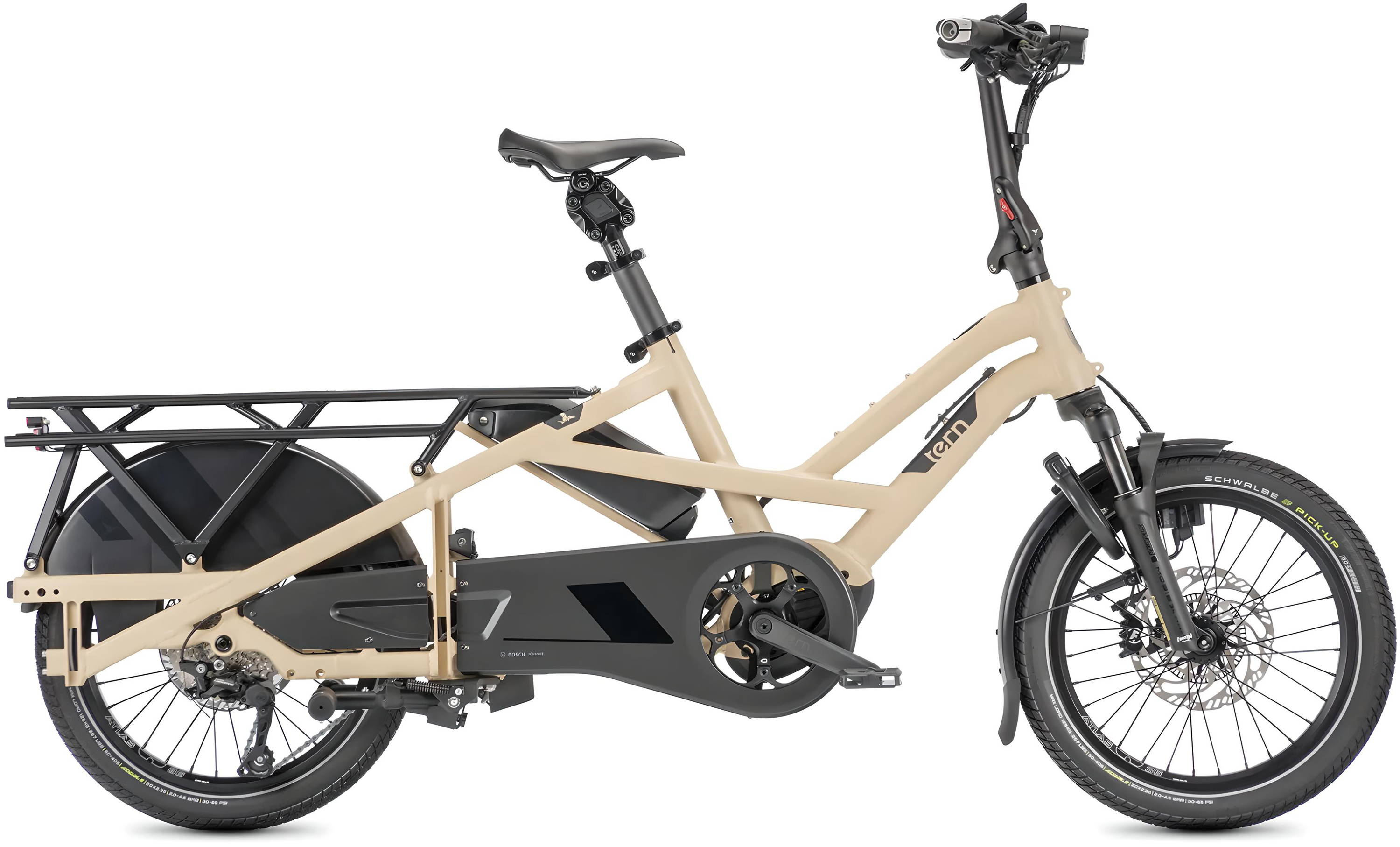 Tern GSD elektrische longtail e-bike met compact frame, dubbele accu en stevige bagagedrager, zijaanzicht op witte achtergrond.
