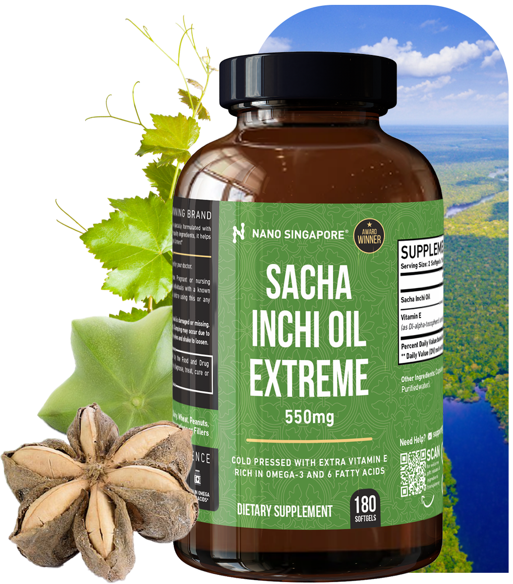 Bottle of Sacha Inchi Oil Capsules Extreme 550mg by Nano Singapore with natural ingredients and Omega-rich superfood