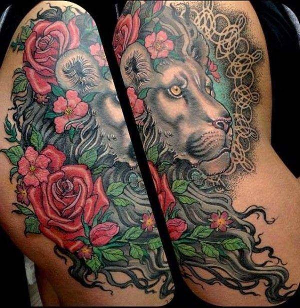 Tatouage Lion Rose Femmes