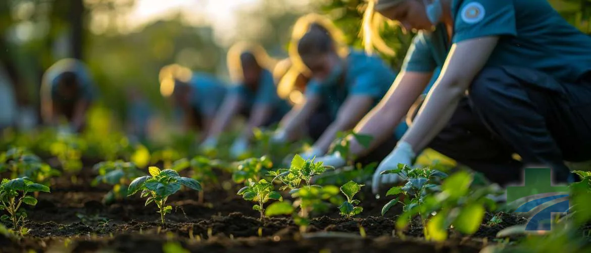 Healthcare workers planting new seedlings in a hospital garden at sunset.
