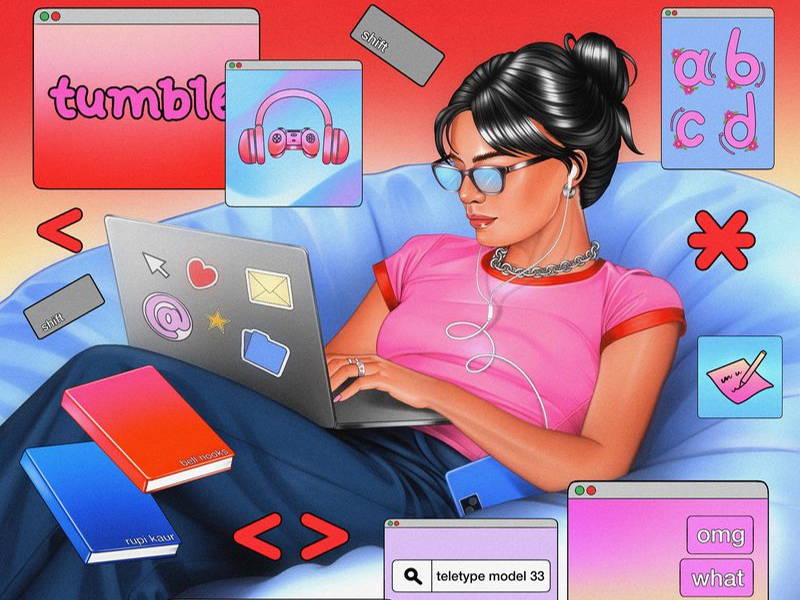 Young woman on a bean bag chair looking at her computer, surrounded by lowercase browser and text windows