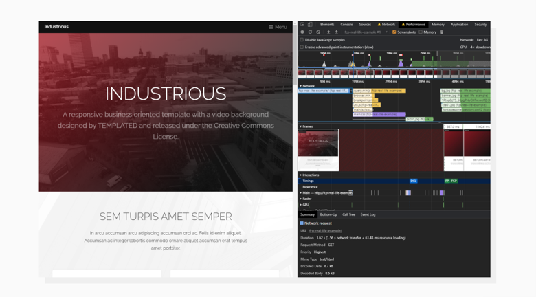 The Performance tab displays what the browser is busy doing while loading the page. a webpage with the Performance tab opened
